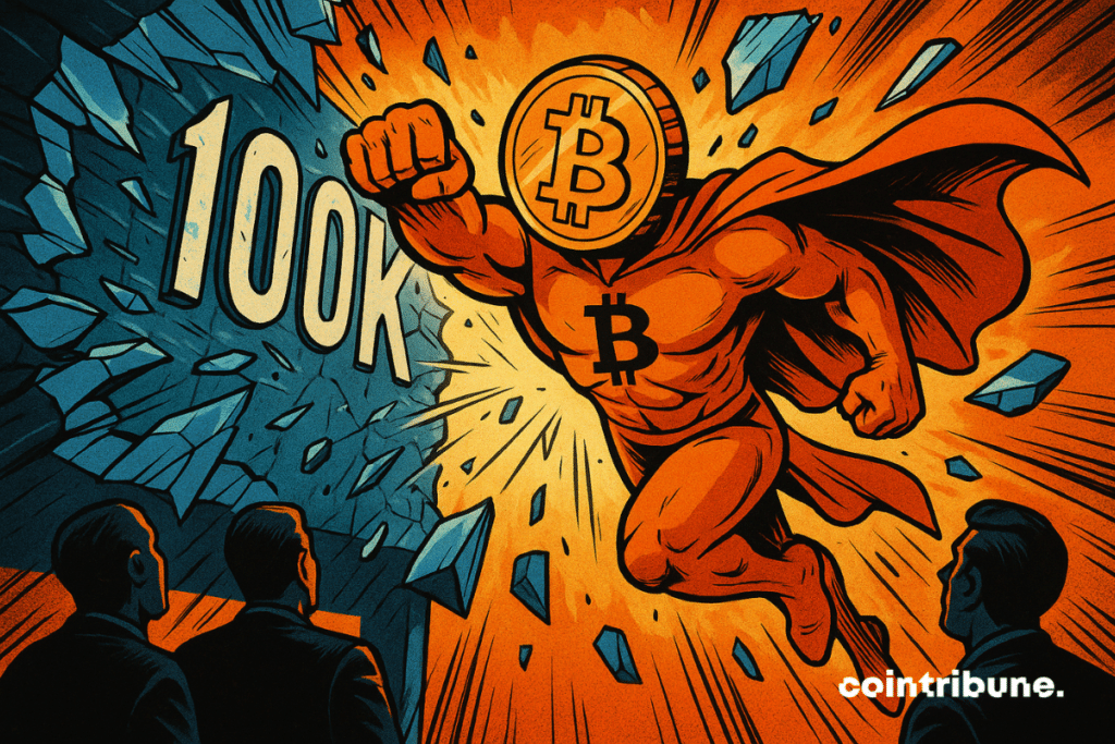 Wide low-angle shot of a humanoid superhero-type character with a Bitcoin coin head smashing through a glass wall labeled