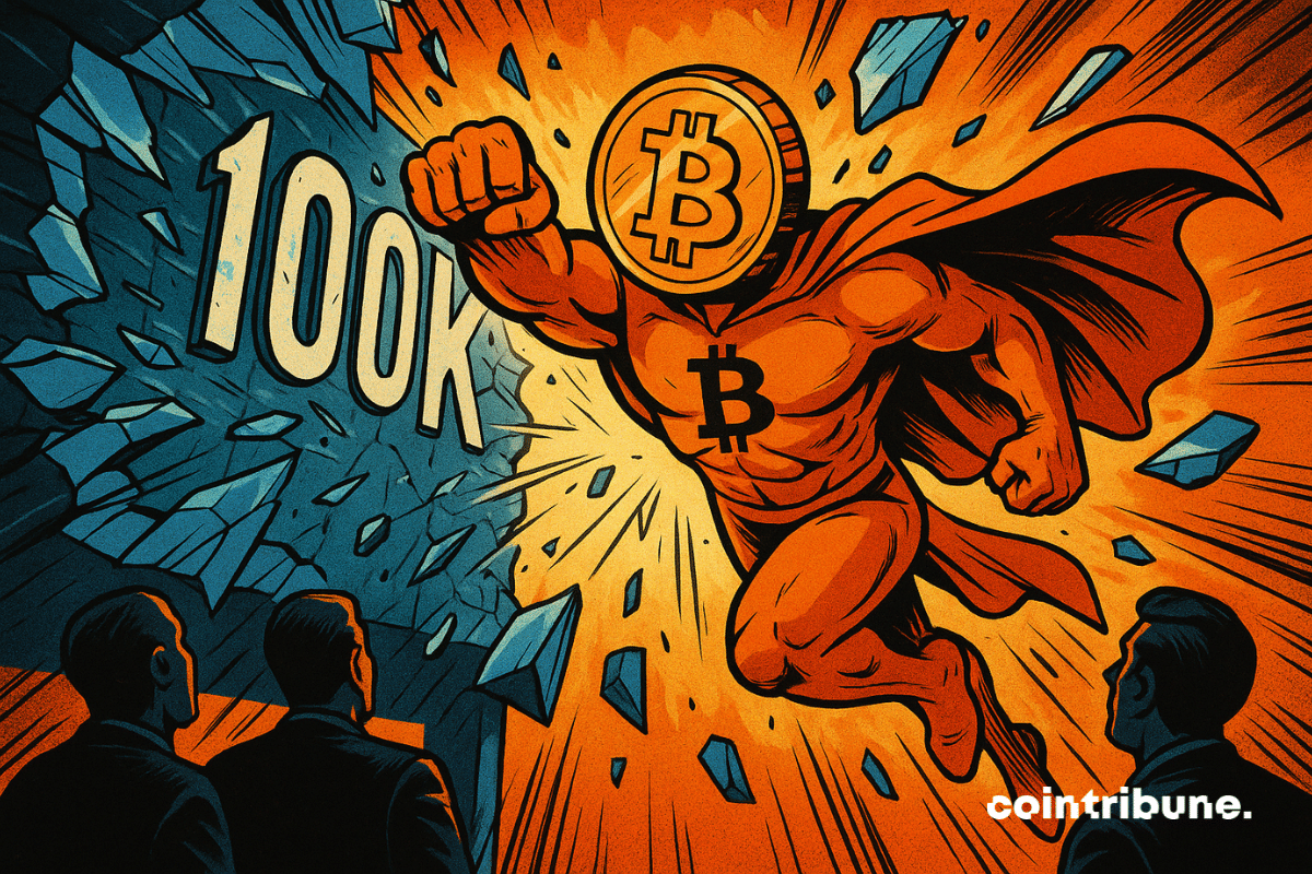 Tomada aberta em ângulo baixo de um personagem humanoide do tipo super-herói com uma moeda Bitcoin quebrando uma parede de vidro rotulada "100K" (em números).