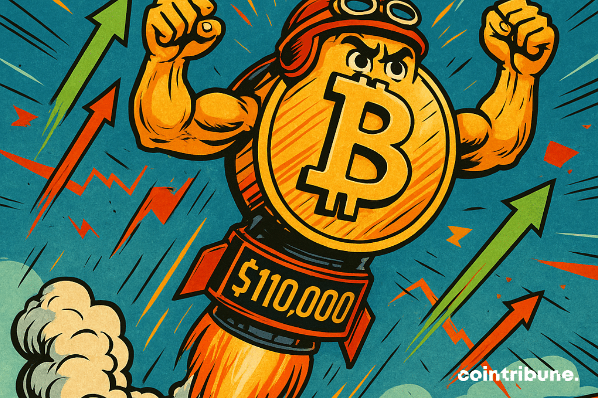 Vue en contre-plongée, ciel bleu électrique en fond. Un Bitcoin géant (personnifié, avec bras musclés, casque de pilote) propulsé comme une fusée.