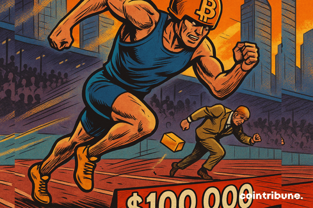 A humanoid athlete in a gold helmet emblazoned with the Bitcoin logo, sprinting explosively towards a finish line marked “100,000”.