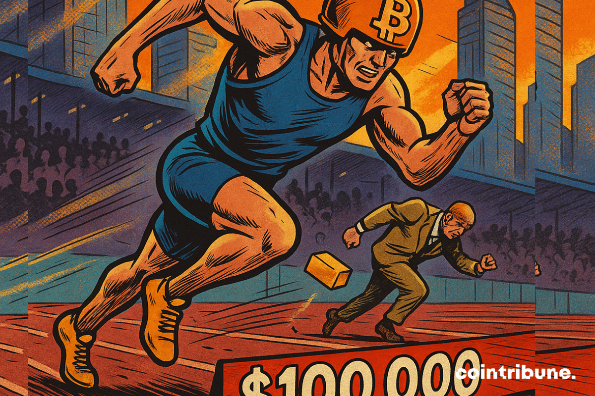 Um atleta humanoide com um capacete dourado estampado com o logotipo do Bitcoin, correndo explosivamente em direção a uma linha de chegada marcada como “100.000”.