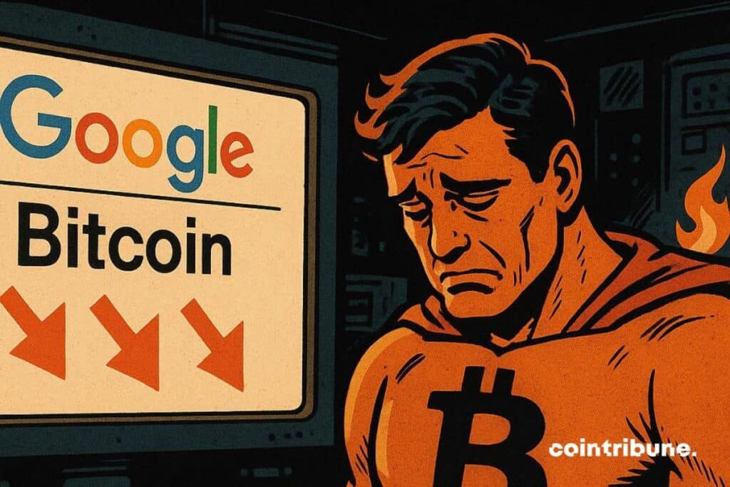Un super héros bitcoin triste devant la chute des recherches Google.