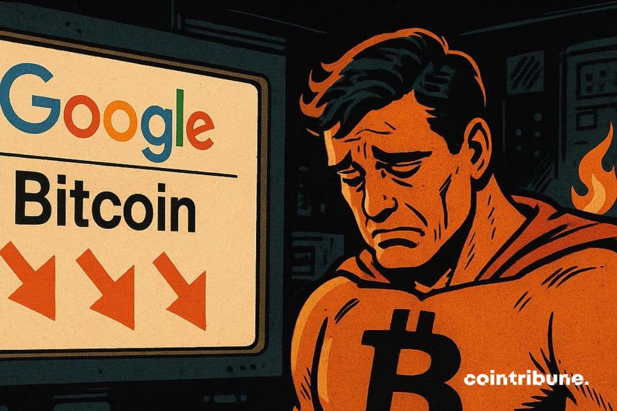 Un super héros bitcoin triste devant la chute des recherches Google.