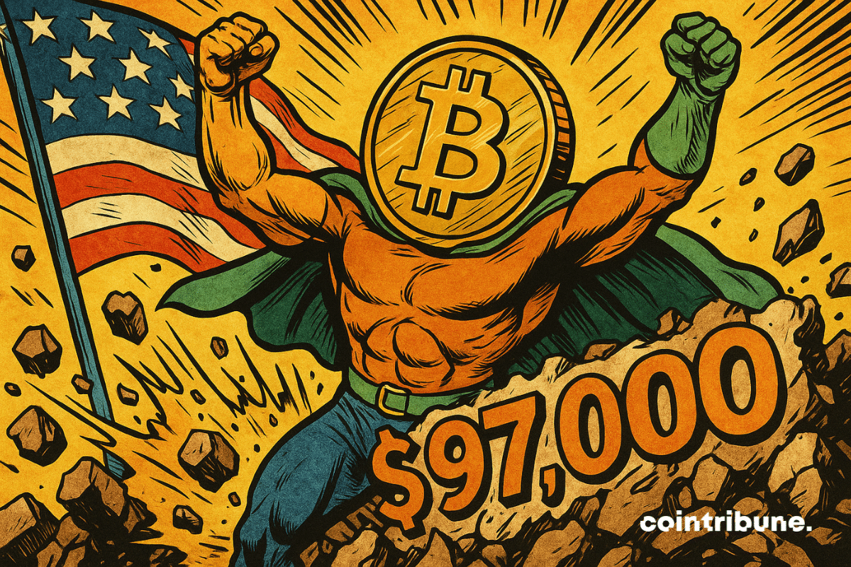Bitcoin personnifié (super-héros doré/orange, cape flottante). Bras levés au ciel.