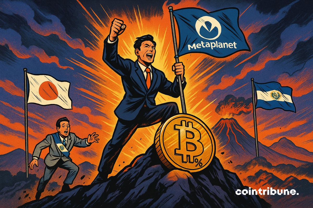 Le CEO de Metaplanet au sommet d’une montagne avec le drapeau de Metaplanet et une grosse pièce de bitcoin à ses pieds % en bas de la montagne, un responsable du Salvador dépassé.