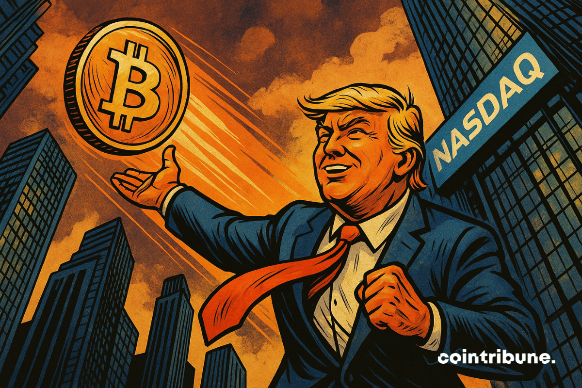 Donald Trump stylisé en super-héros businessman, costume bleu, cravate rouge flottante. Bras tendu en avant, comme s’il lançait une pièce géante de Bitcoin vers le ciel.