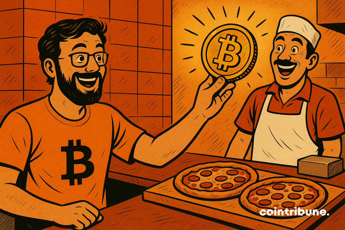 Laszlo Hanyecz, vêtu d’un t-shirt arborant le logo de Bitcoin, sourit devant un vendeur de pizzas, tous deux rayonnants en montrant fièrement le symbole de Bitcoin.