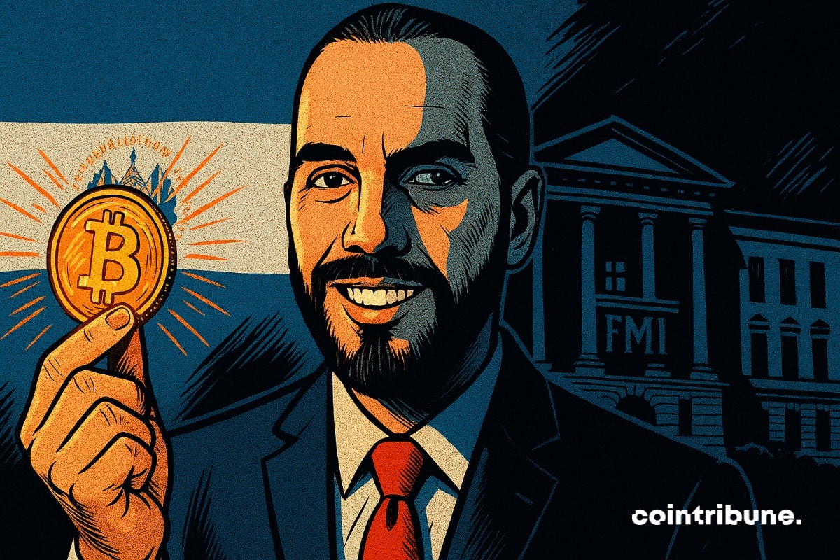 Nayib Bukele in front of the IMF building holding a bitcoin coin, with the flag of El Salvador next to him.