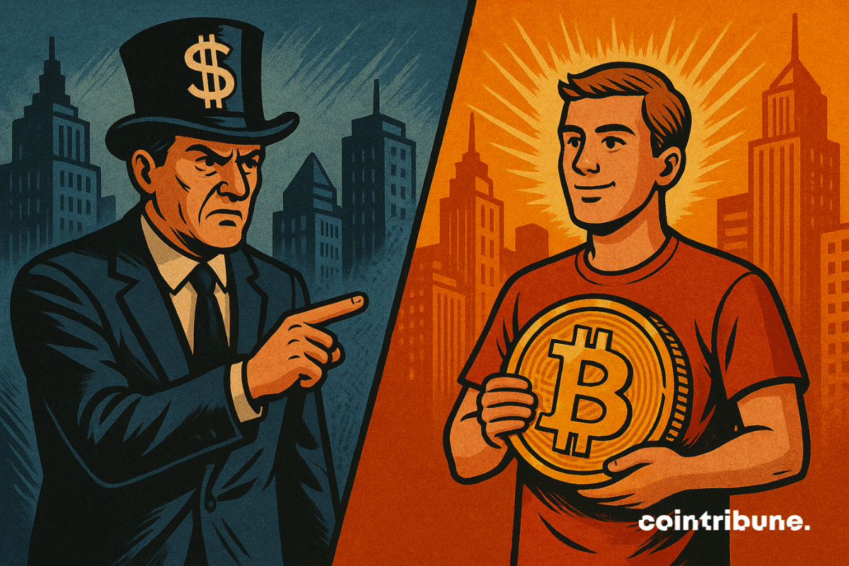 Un trader institutionnel en costumes de livreurs financiers portant pointe du doigt Saylor insouciant, avec sa pièce Bitcoin en main