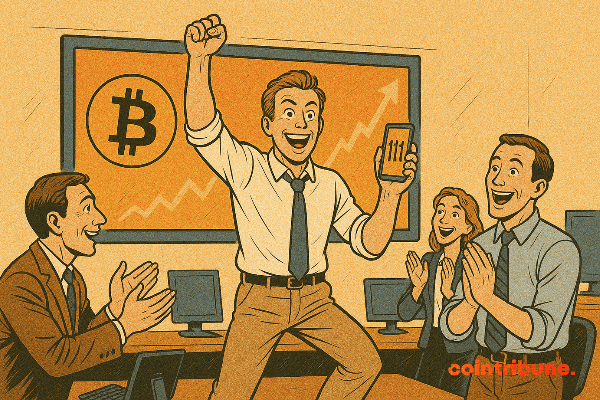 Comerciantes entusiasmados aplaudem em um escritório enquanto um homem segura um telefone exibindo "111" na frente de um gráfico de alta e um logotipo do Bitcoin.