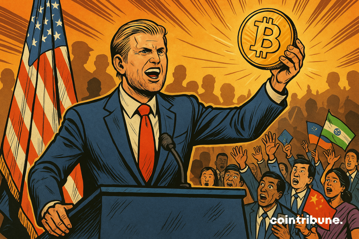 Salle de presse luxueuse façon Maison Blanche, angle légèrement en contre-plongée pour donner du pouvoir à Eric Trump. Debout derrière un pupitre, bras tendu vers le haut tenant une pièce géante de Bitcoin.