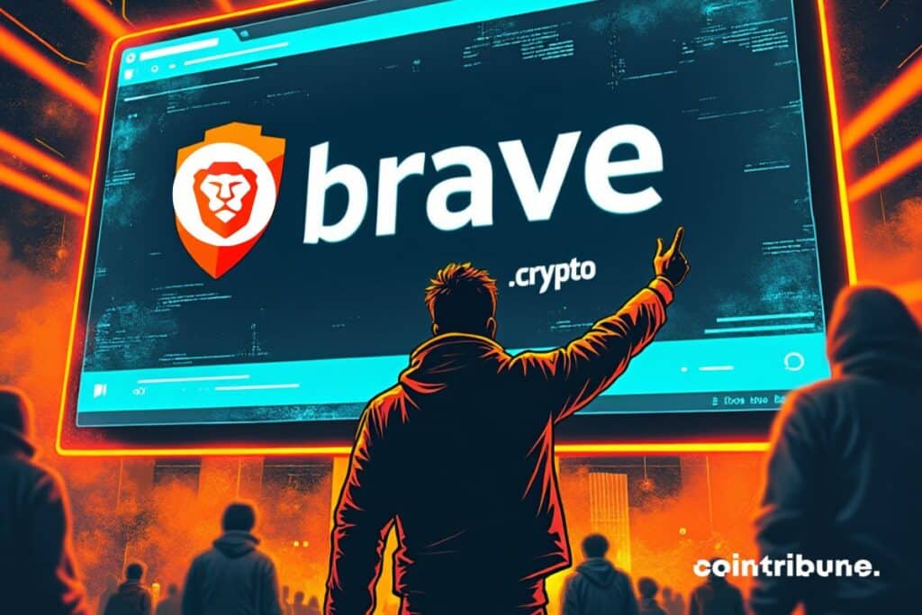 A Brave user pointing at a screen displays the Brave Crypto Browser.
