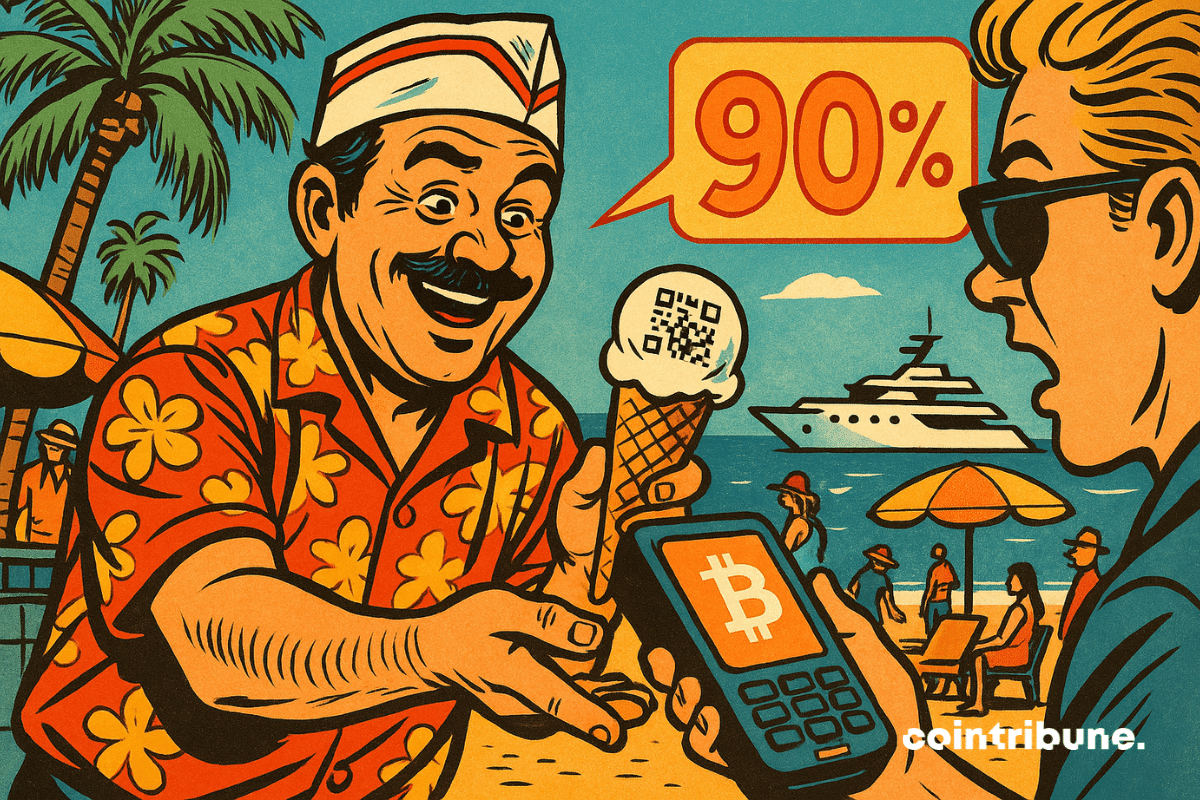 Terrasse ensoleillée sur la Croisette, plan moyen légèrement plongeant. Glacier cannois, moustachu, en chemise hawaïenne, tend un terminal de paiement crypto avec le logo Bitcoin visible.