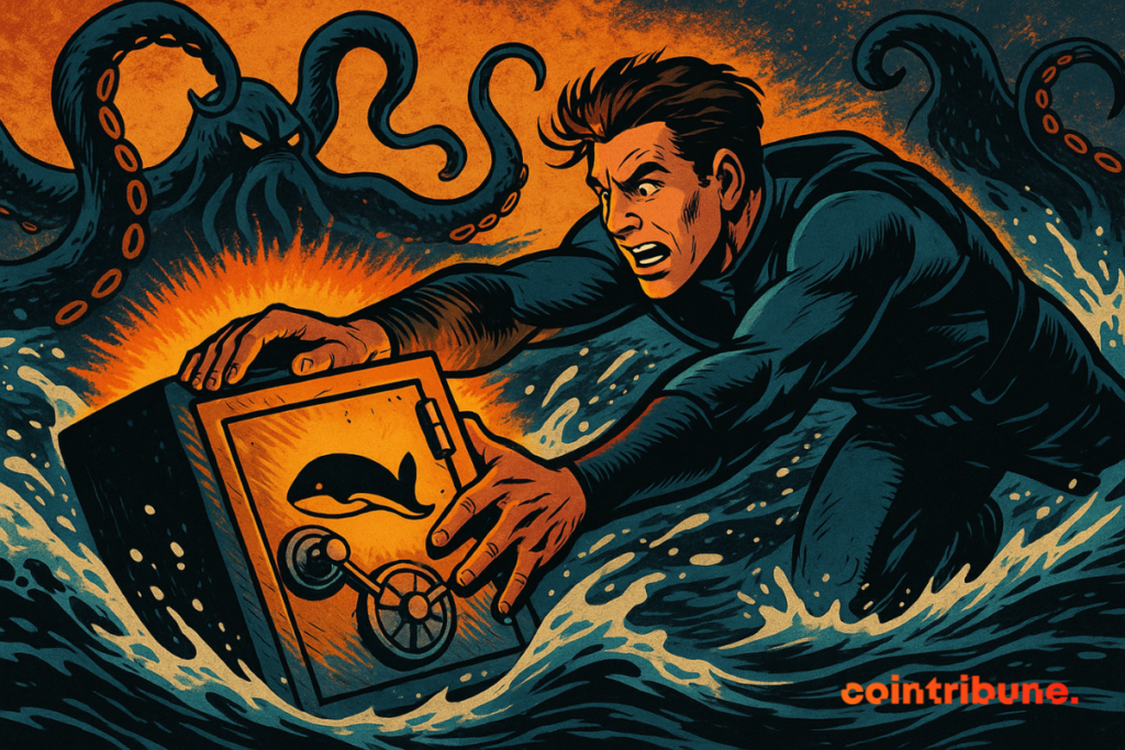 A determined man swims through turbulent waters, clutching a glowing chest adorned with a whale logo, as menacing tentacles emerge from the depths.