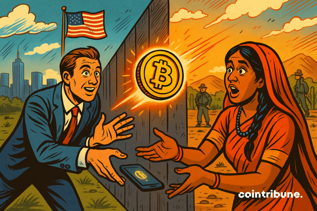 Un hombre con traje envía criptomonedas BTC a través de un muro fronterizo a una mujer con vestimenta tradicional.