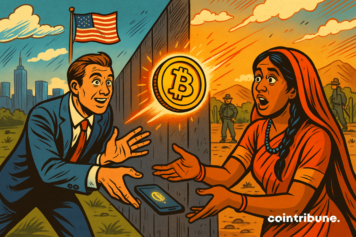 Un homme en costume envoie une crypto BTC à travers un mur-frontière vers une femme en habit traditionnel