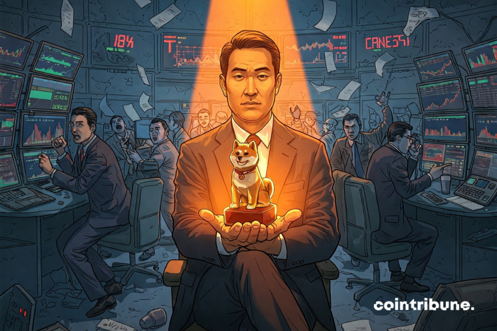 Una caótica sala de negociación con un confiado inversor en criptomonedas que sostiene una estatuilla de Shiba
