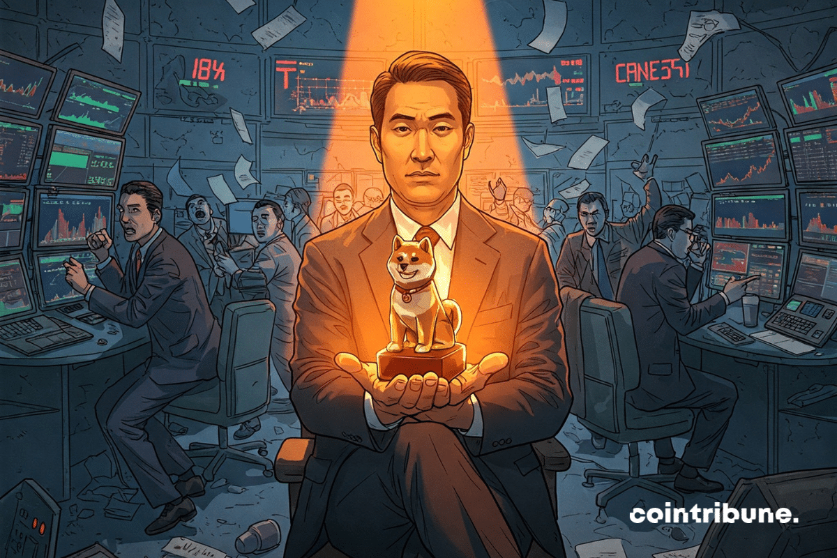 A chaotic trading room with a confident crypto investor holding a Shiba statuette