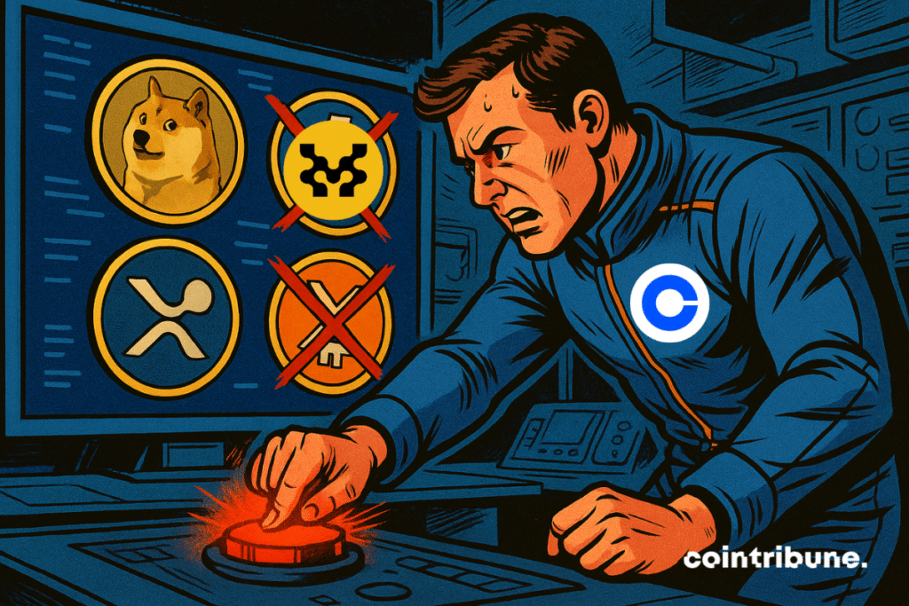 Bureau high-tech futuriste de Coinbase, éclairage intense, plan moyen serré. Un trader crypto stylisé représentant Coinbase devant l'écran.