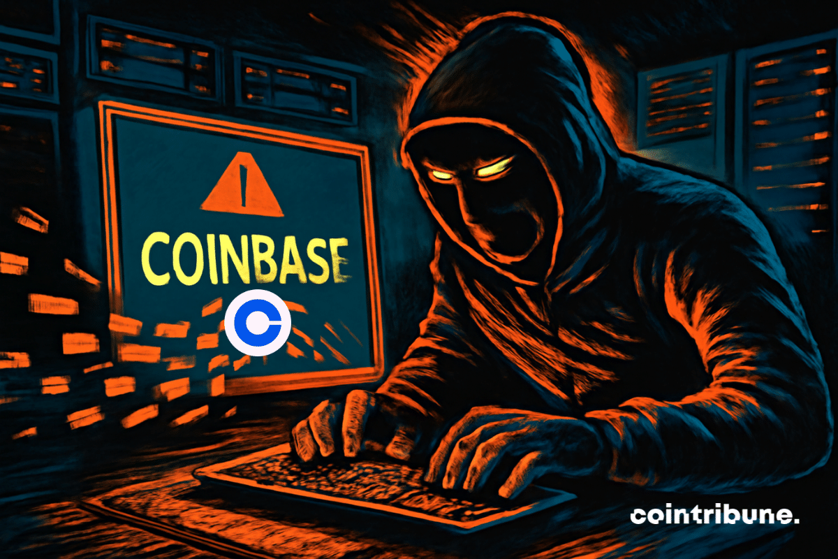 Salle de serveurs de Coinbase avec des rangées de machines rétro et voyants lumineux orange. Un pirate informatique avec un masque rétro à visière, tapant frénétiquement sur un clavier.