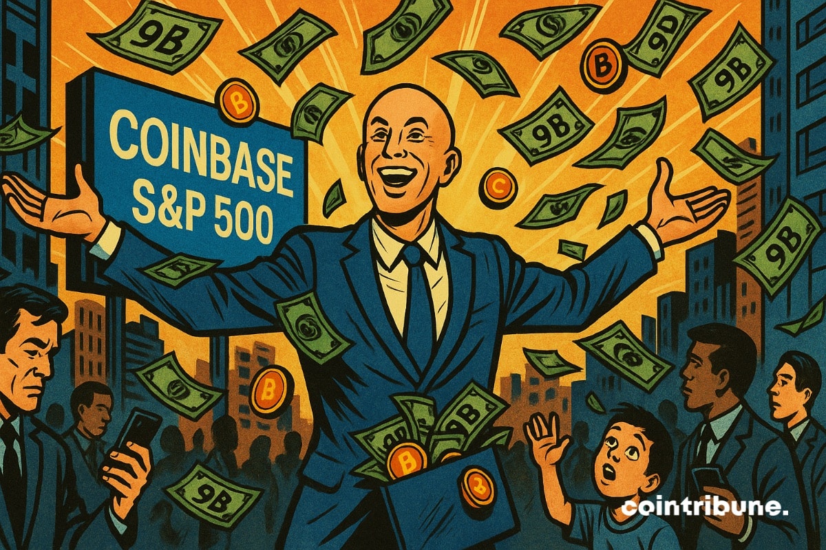 CEO da Coinbase na rua a receber uma chuva de notas após ter sido adicionado ao S&P 500.