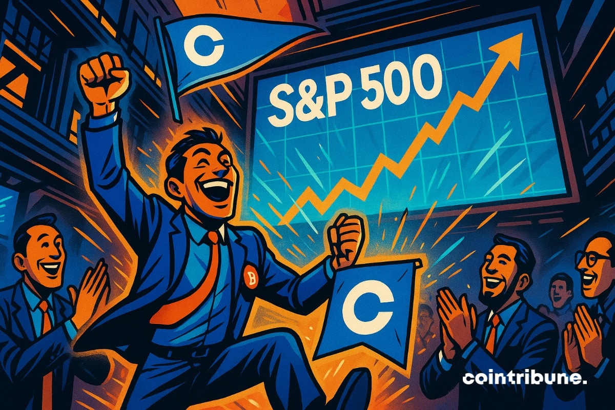 Un représentant de Coinbase dans la bourse à Wall Street, saute de joie car Coinbase rejoint le S&P 500.
