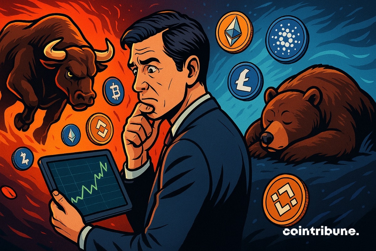 A crypto analyst with his tablet is looking at a chart and wondering what direction the 2025 Altseason will take. An angry bull is in front of him, and a sleeping bear is in front of him.