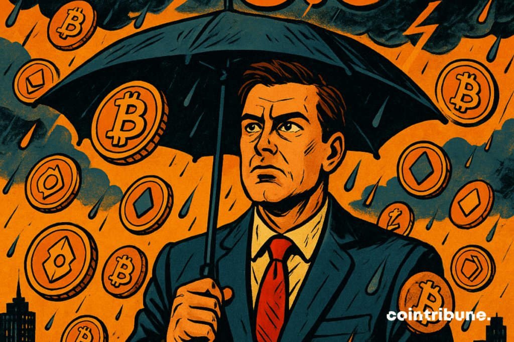 Close-up de um investidor de terno com uma expressão confusa, mas determinada, segurando um guarda-chuva, parado em uma "chuva" de símbolos de criptomoedas