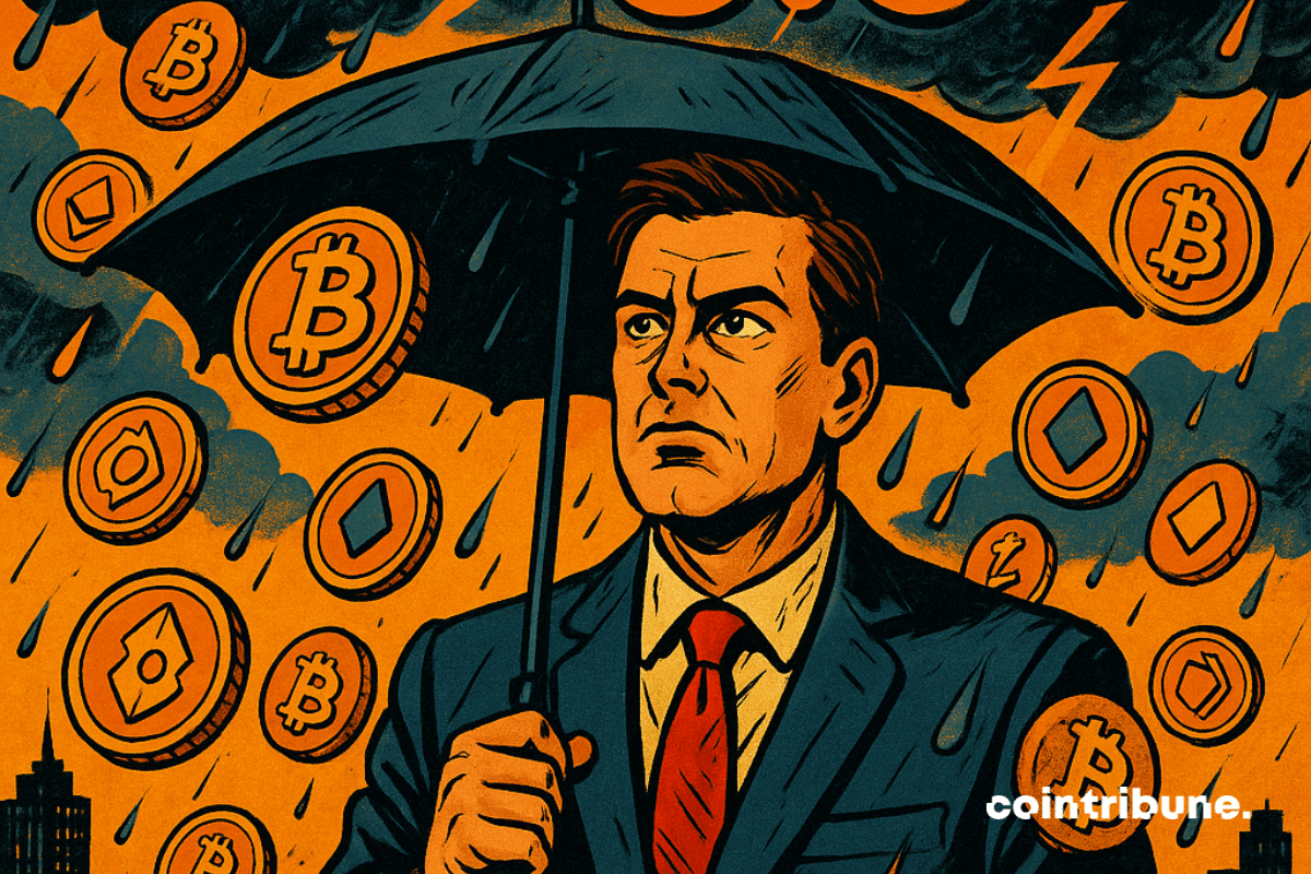 Plan rapproché sur un investisseur en costume, expression perplexe, mais déterminée, tenant un parapluie, debout dans une "pluie" de symboles crypto