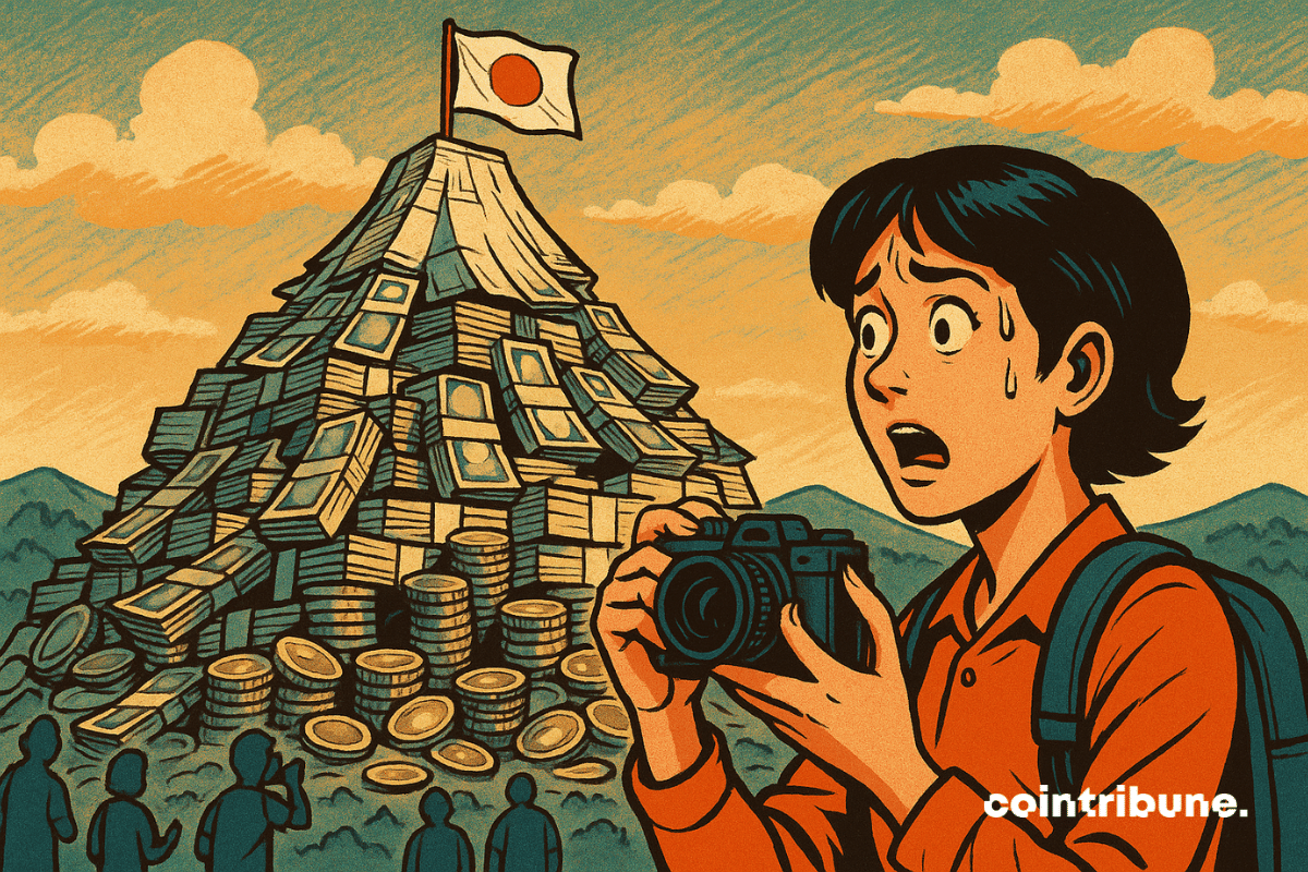 Mulher japonesa em frente a uma montanha de notas em forma do Monte Fuji.
