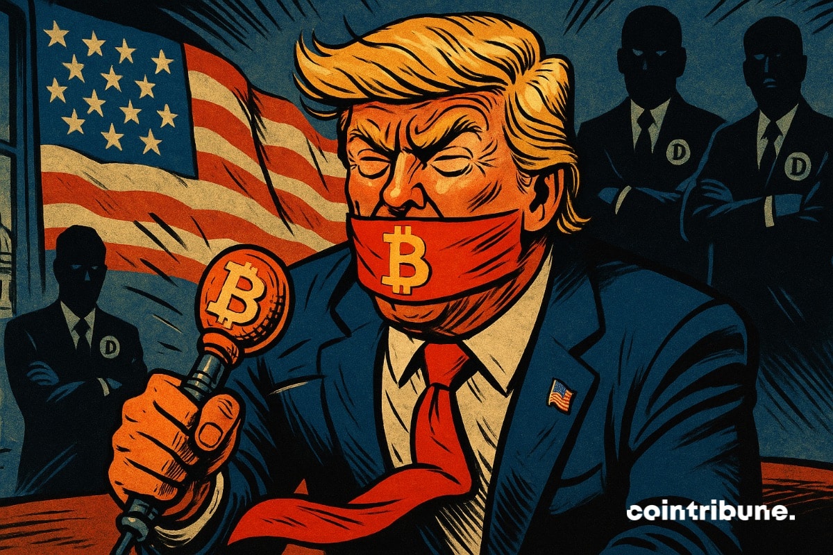 Donald Trump is gagged with a Bitcoin logo ribbon. He's angry because the Democrats behind him refuse to let him talk about crypto.