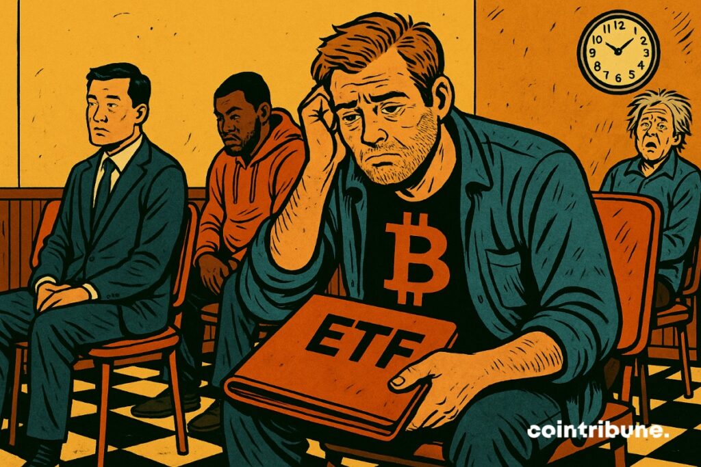 A sad man in a waiting room with a crypto ETF folder in his hand.
