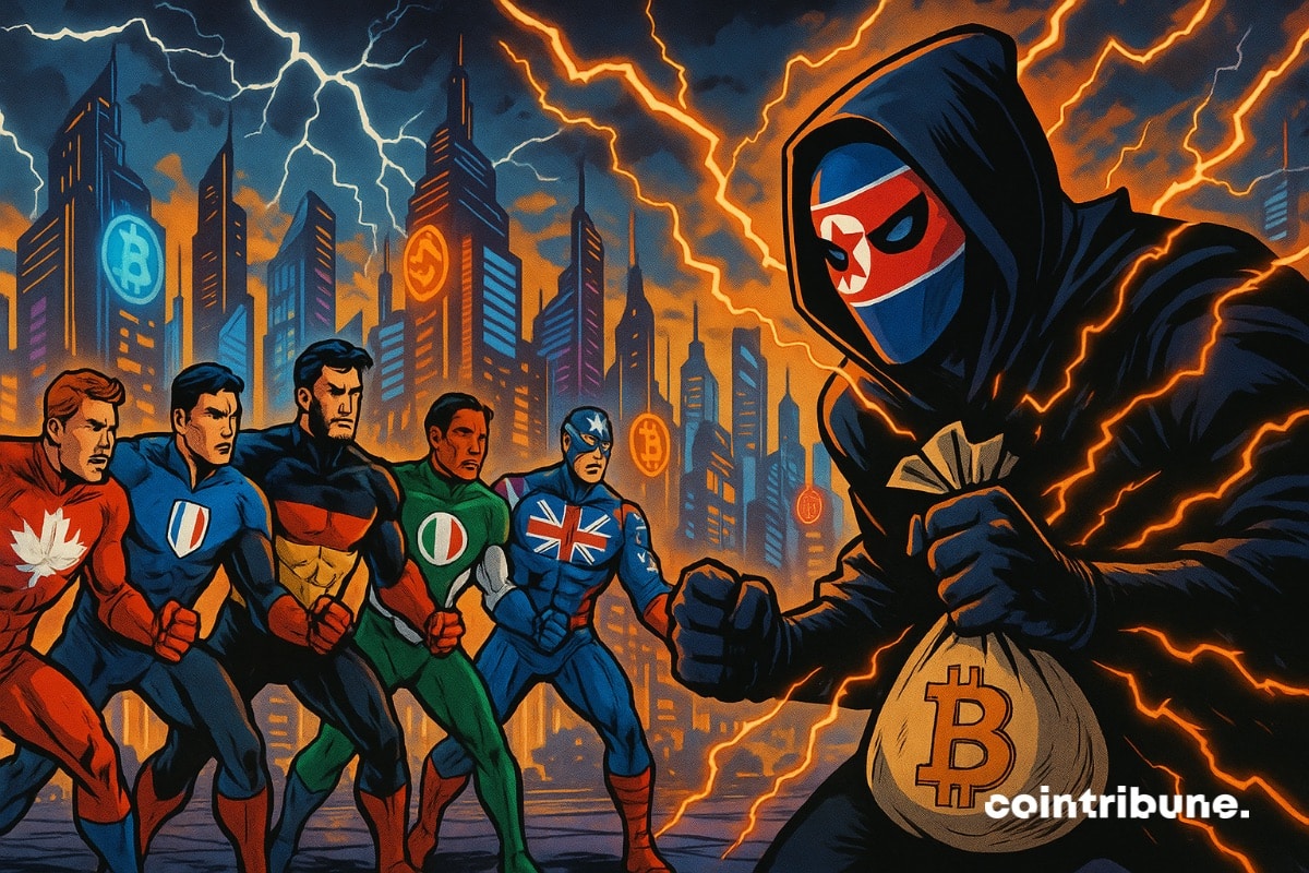 G7 members as superheroes fighting a North Korean-masked villain who steals crypto.