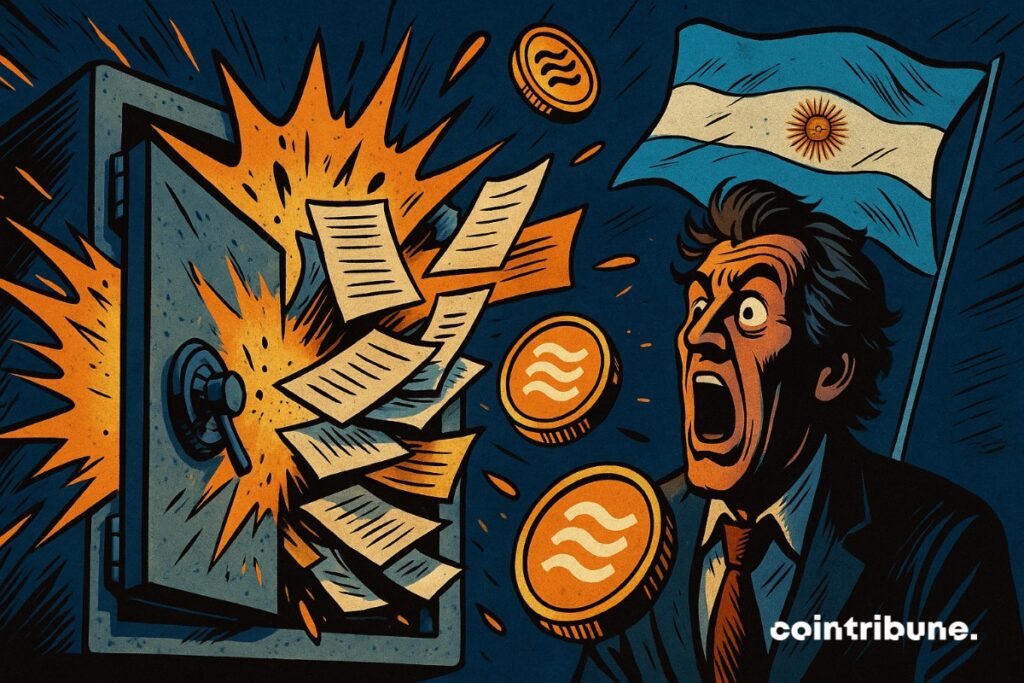 Javier Milei, le président de l’Argentine qui assiste à l’explosion de son coffre en banque par la justice. La crypto LIBRA et des documents sortent du coffre.