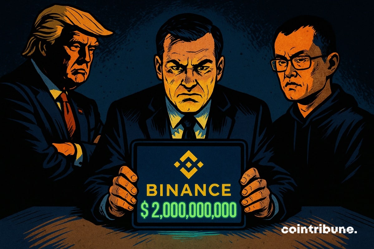 Donald Trump et l’ex-CEO de Binance, Changpeng Zhao, face à un agent fédéral qui montre une transaction suspecte de 2 milliards de dollars.
