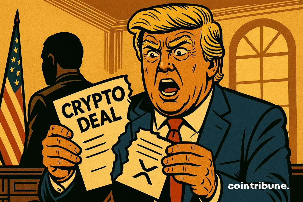 Donald Trump qui déchire un contrat crypto avec le XRP. Il s’est fait manipuler.