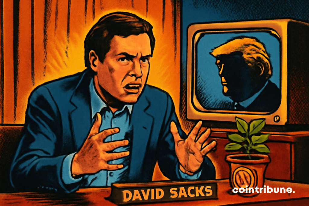 A man in a suit sitting at a desk with a display that reads "David Sacks." A TV with Trump's face on it.