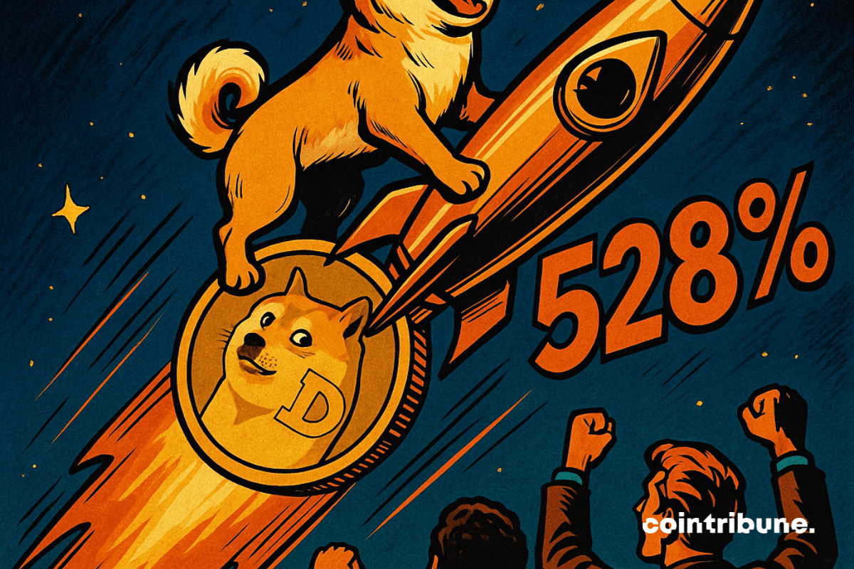 Plan en contre-plongée sur un ciel de nuit saturé d’étoiles. Le Shiba Inu, debout sur une pièce Dogecoin géante comme sur une plateforme de lancement. Poitrine bombée, sourire confiant, vent dans les poils.