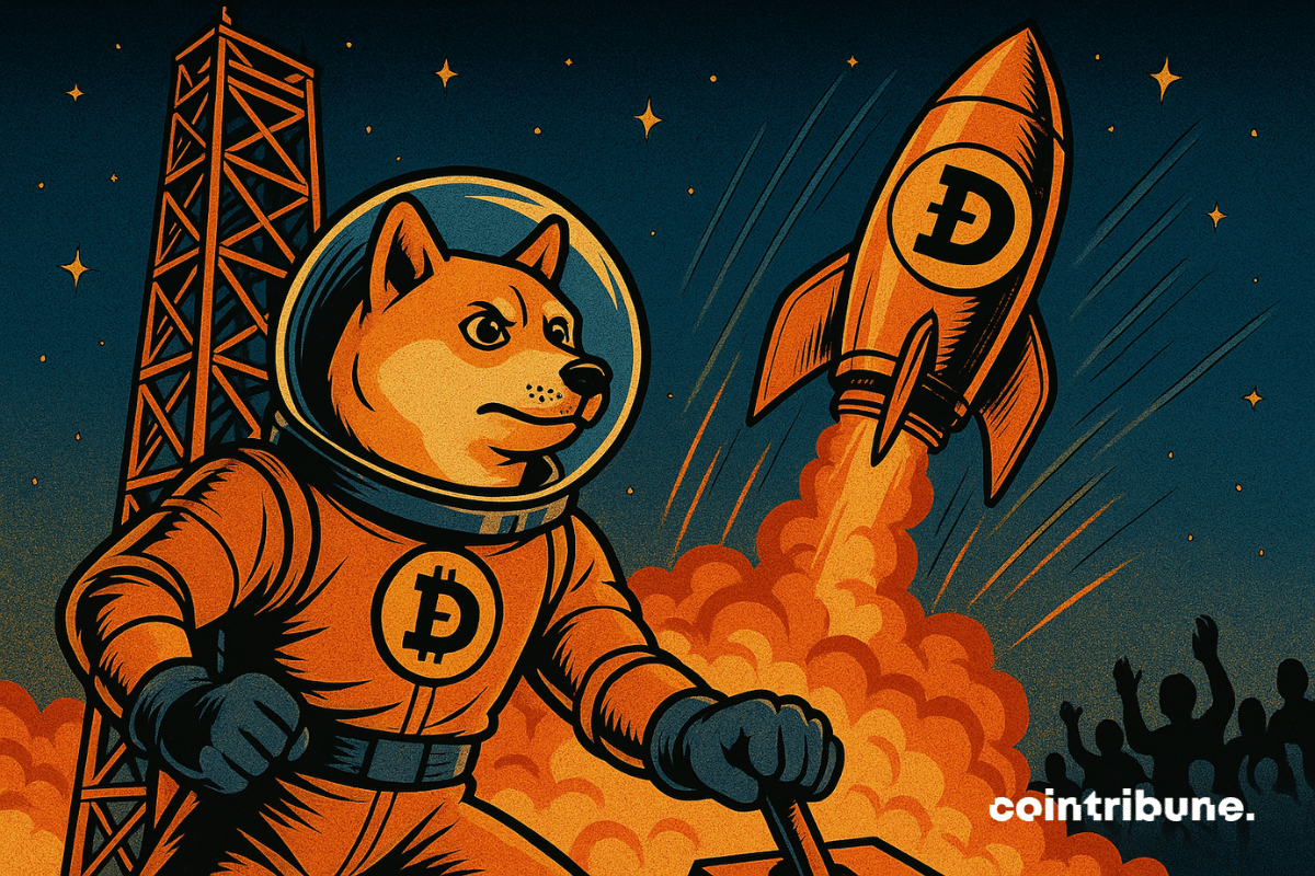 Un Shiba Inu en combinaison spatiale se tient prêt au décollage devant une fusée marquée du logo Dogecoin qui s’envole dans le ciel étoilé, sous les acclamations de la foule.