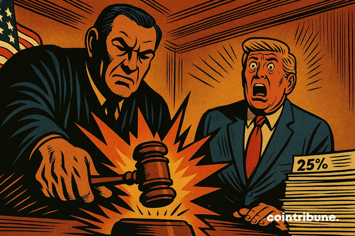 Um juiz bate forte o martelo em uma decisão tarifária, Donald Trump observa em choque.