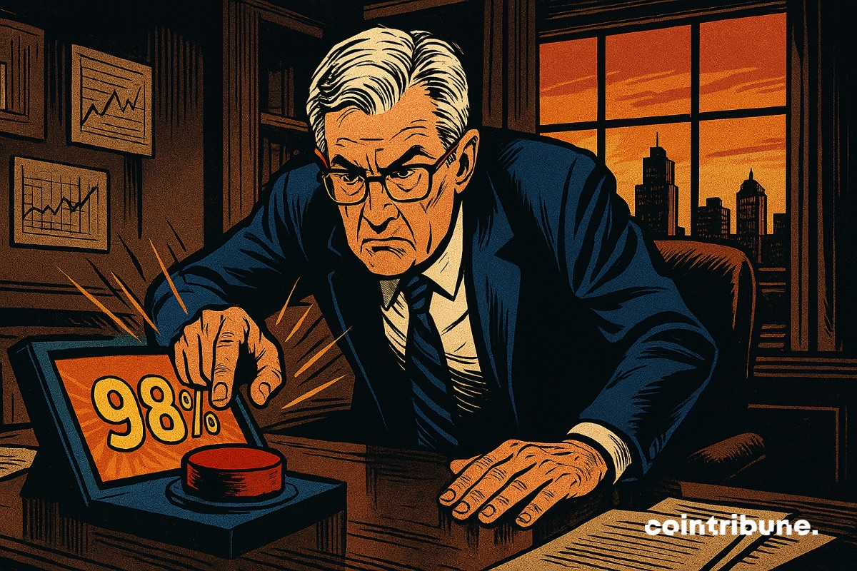 Jerome Powell, le président de la Fed, devant un écran affichant 98 % de chances du maintien des taux. Il est courbé devant un gros bouton rouge prêt à appuyer.