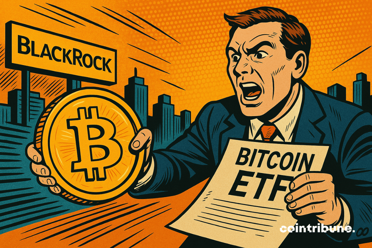 Deux mains serrées au premier plan : une en costume élégant (Goldman Sachs), l’autre plus sobre (BlackRock). Juste les mains, mais au centre, un lingot marqué "ETF Bitcoin" brille.