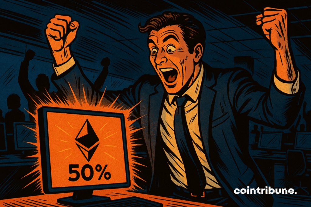 Um trader de terno, mangas arregaçadas, postura dinâmica, inclinado para a frente, braços erguidos em sinal de vitória, expressão de pura euforia e surpresa positiva. Tela de computador exibindo claramente o logotipo do Ethereum.