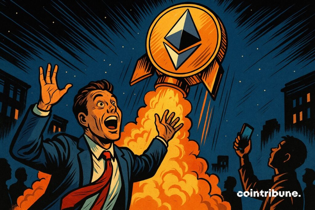 An Ethereum rocket soars into the sky, and one crypto investor is euphoric about its rise.