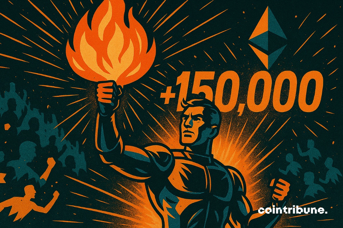 An Ethereum validator with a flame in hand, and a crowd of validators in the background cheering.