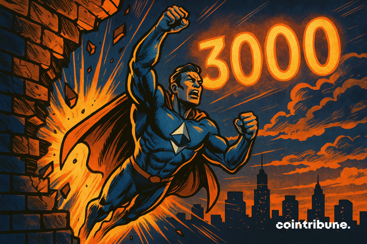 Personnification d’Ethereum sous forme de super-héros (tenue métallisée bleue avec logo Ξ sur la poitrine). En plein envol, poing en avant, expression déterminée.