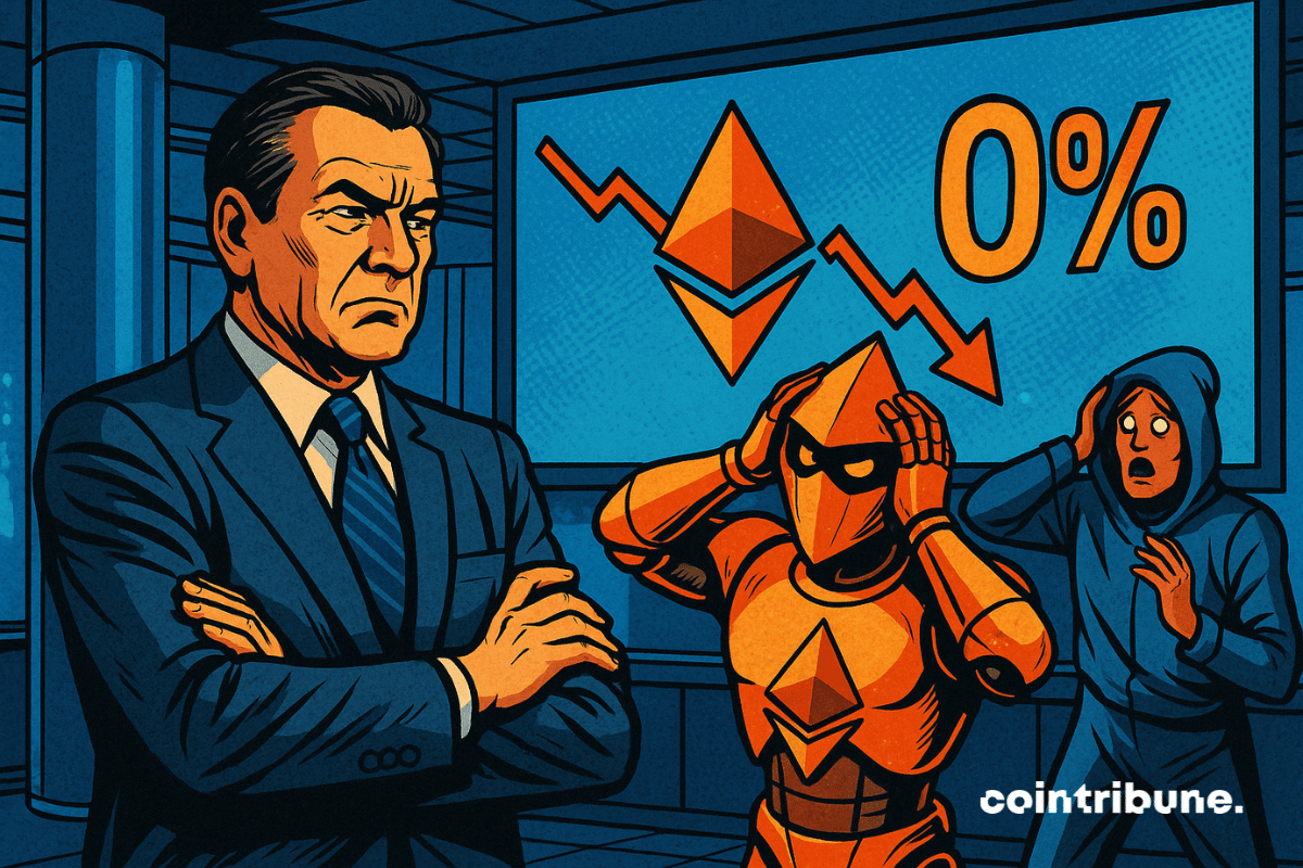 Un banquier (représentant JPMorgan) en costume trois-pièces, bras croisés, regard sévère vers un écran. Grand écran holographique affichant un logo Ethereum avec un indicateur d’activité à "0%" ou une flèche rouge vers le bas.