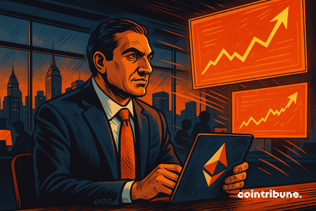 Businessman (Vivek Raman) in dark suit, confident posture leaning slightly forward, determined and visionary expression, holding a tablet displaying the Ethereum logo