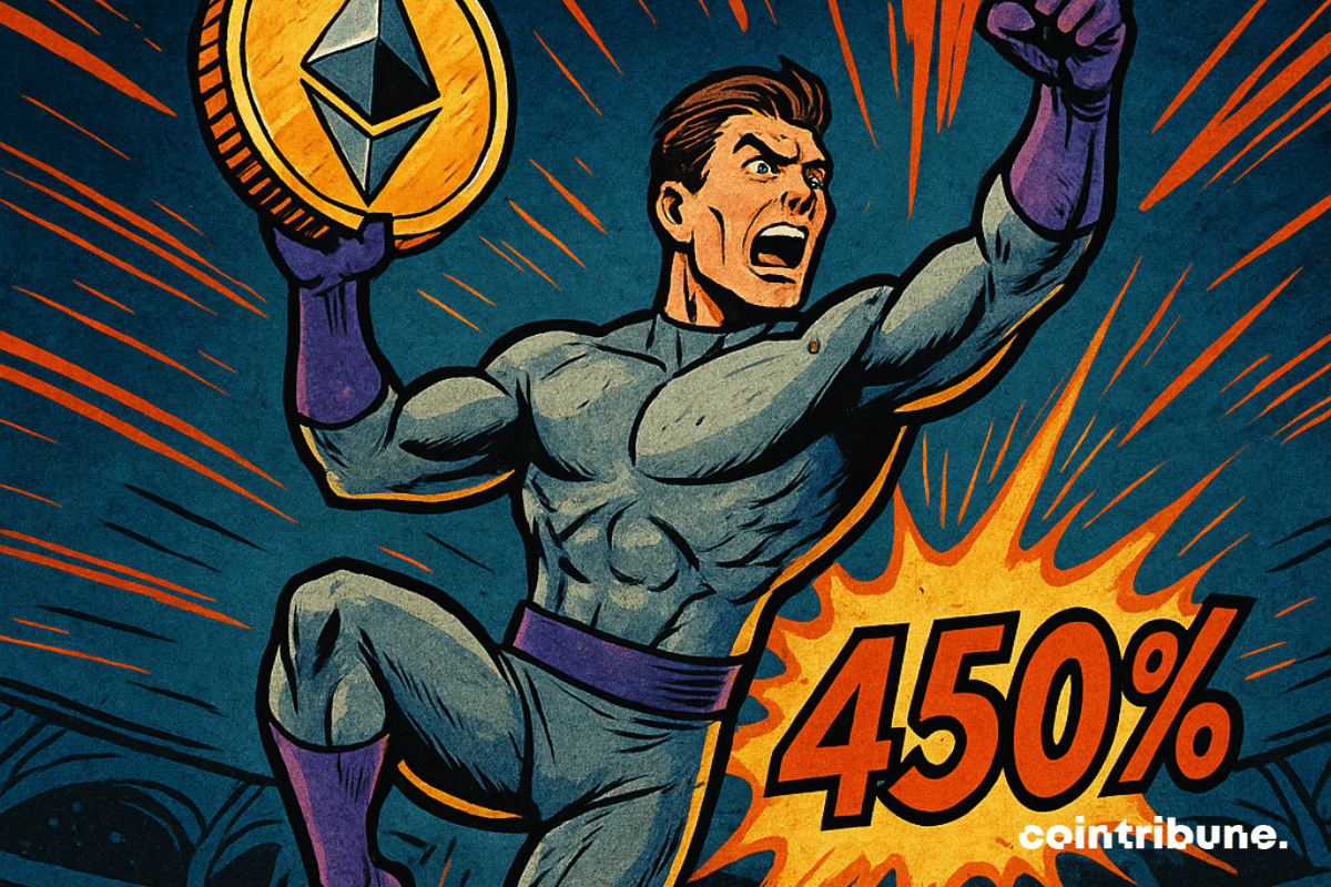 Arène futuriste style BD rétro-tech, plan légèrement en contre-plongée. Ethereum personnifié comme un super-héros élancé en combinaison argentée et violette, bondissant avec puissance.