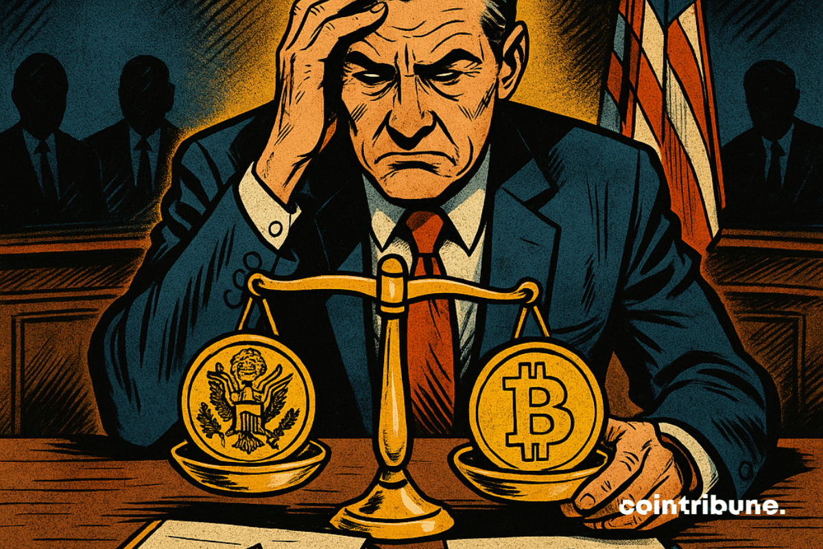 Interior of a large, dark meeting room, with dramatic lighting over a round table. Jerome Powell of the Fed, dressed in a dark suit, seated, frowning, gaze lost between a scale set before him, on the left a symbol of the US economy, on the right a Bitcoin.
